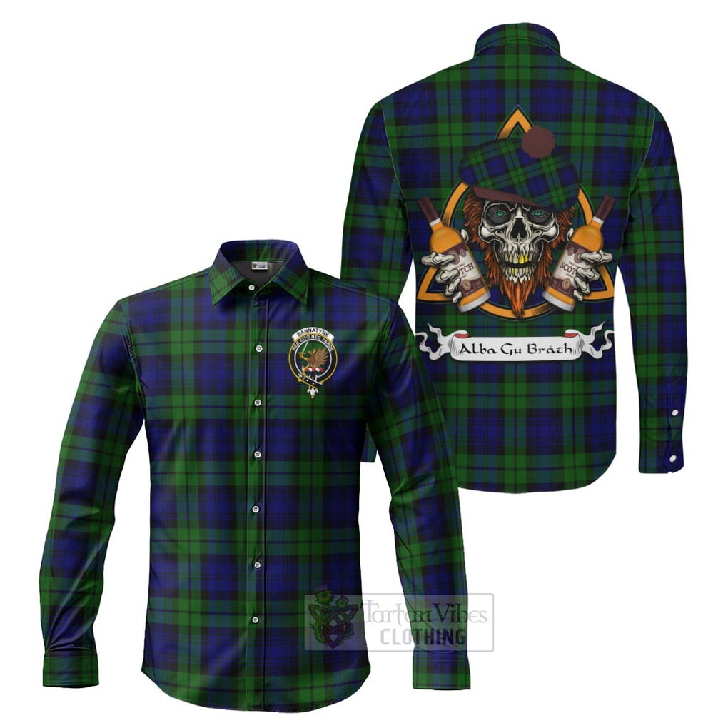 Tartan Vibes Clothing Bannatyne Tartan Long Sleeve Button Shirt with Family Crest and Bearded Skull Holding Bottles of Whiskey