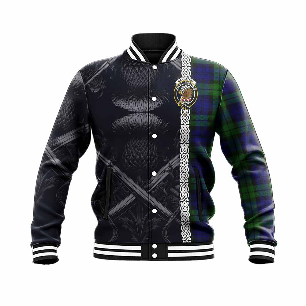 Tartan Vibes Clothing Bannatyne Tartan Baseball Jacket with Family Crest Cross Sword Thistle Celtic Vibes