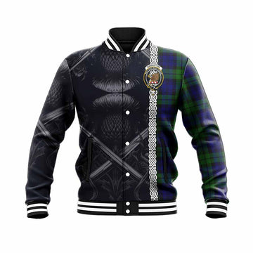 Tartan Vibes Clothing Bannatyne Tartan Baseball Jacket with Family Crest Cross Sword Thistle Celtic Vibes