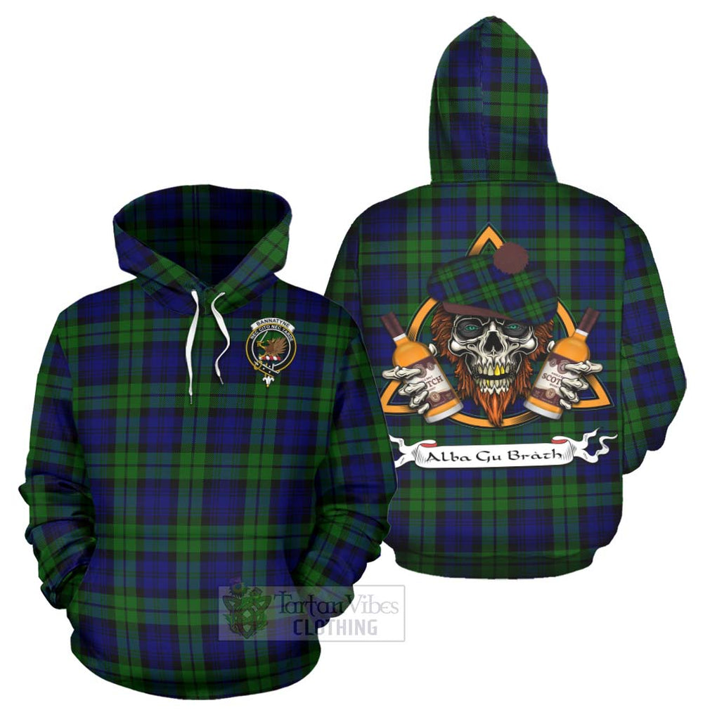 Tartan Vibes Clothing Bannatyne Tartan Hoodie with Family Crest and Bearded Skull Holding Bottles of Whiskey