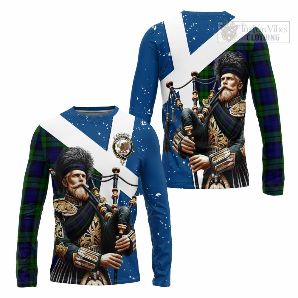 Tartan Vibes Clothing Bannatyne Tartan Long Sleeve T-Shirt with Family Crest Scottish Bagpiper Vibes