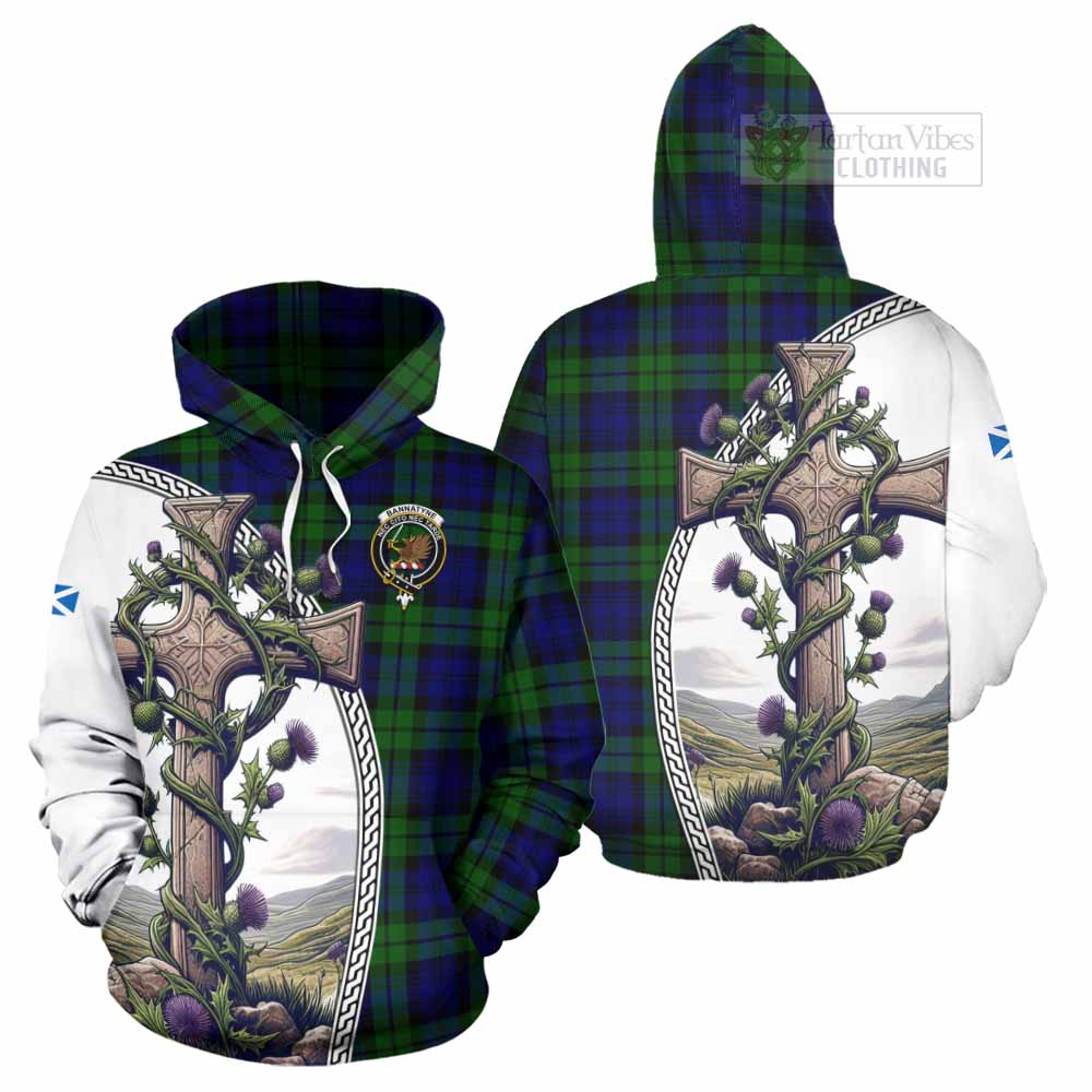Tartan Vibes Clothing Bannatyne Tartan Hoodie with Family Crest and St. Andrew's Cross Accented by Thistle Vines