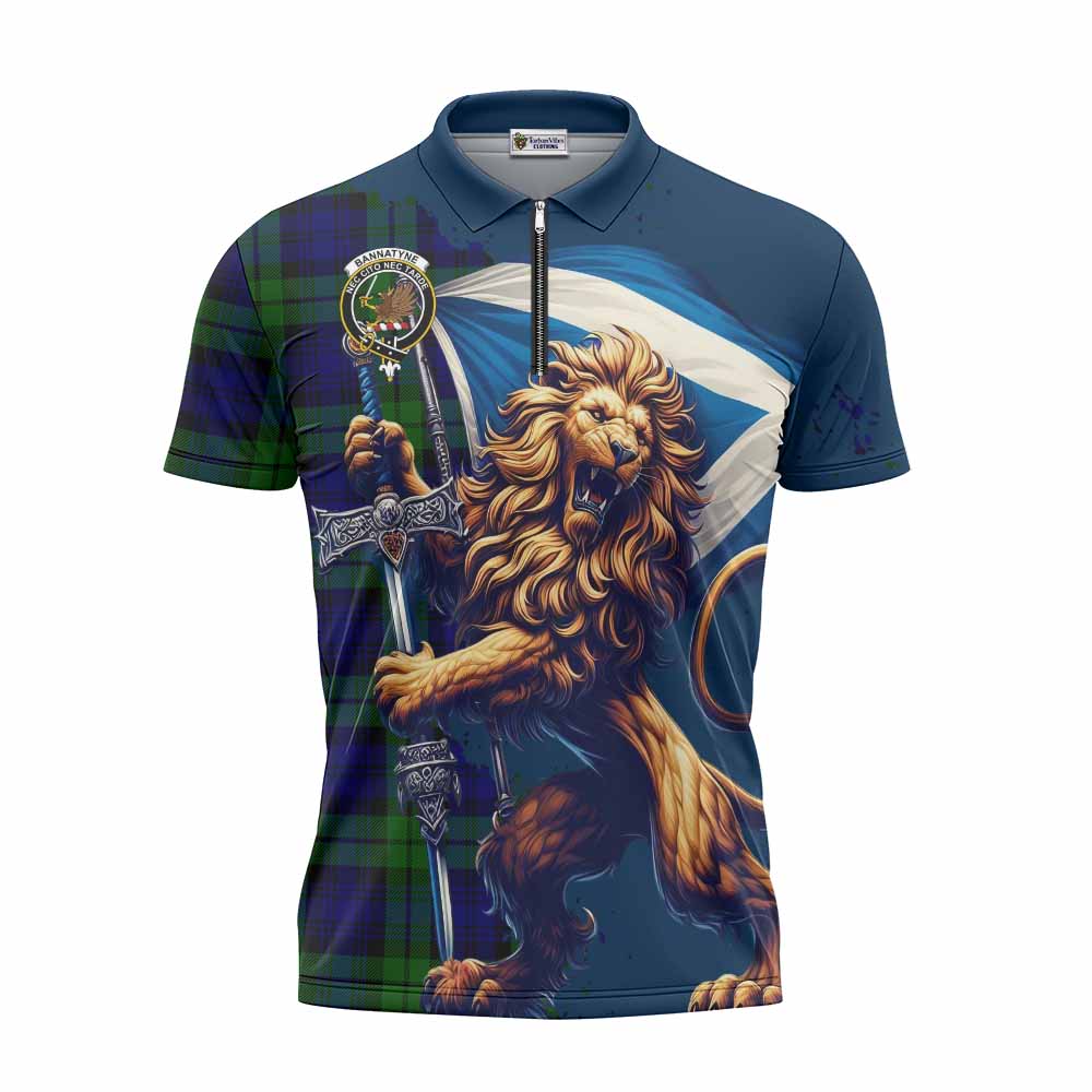 Tartan Vibes Clothing Bannatyne Tartan Family Crest Zipper Polo Shirt with Scottish Majestic Lion