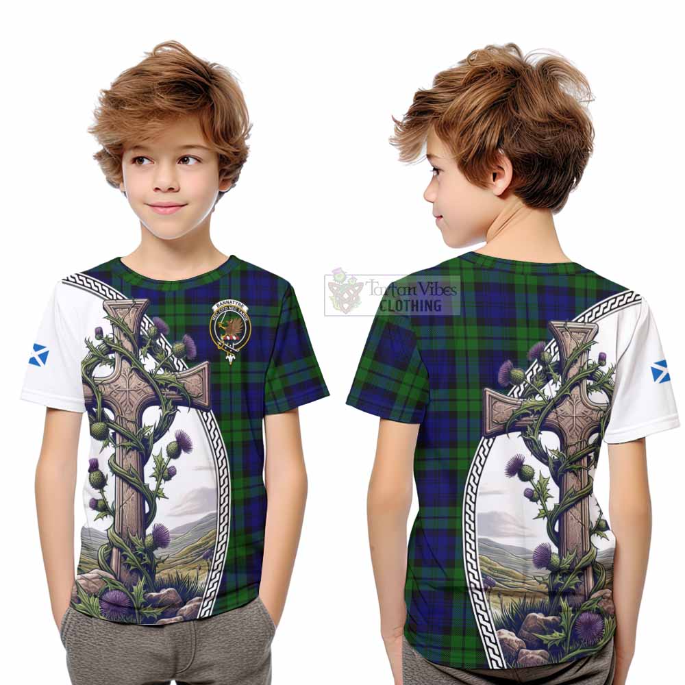 Tartan Vibes Clothing Bannatyne Tartan Kid T-Shirt with Family Crest and St. Andrew's Cross Accented by Thistle Vines