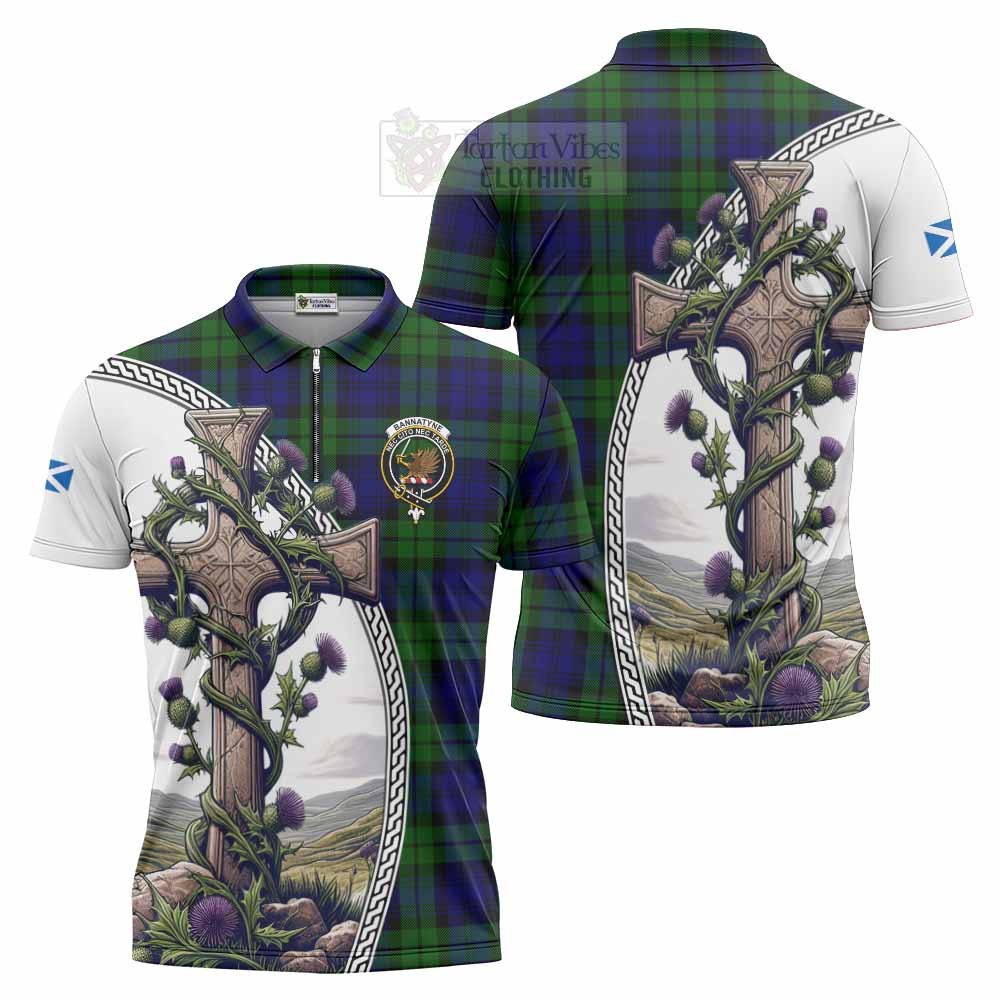 Tartan Vibes Clothing Bannatyne Tartan Zipper Polo Shirt with Family Crest and St. Andrew's Cross Accented by Thistle Vines