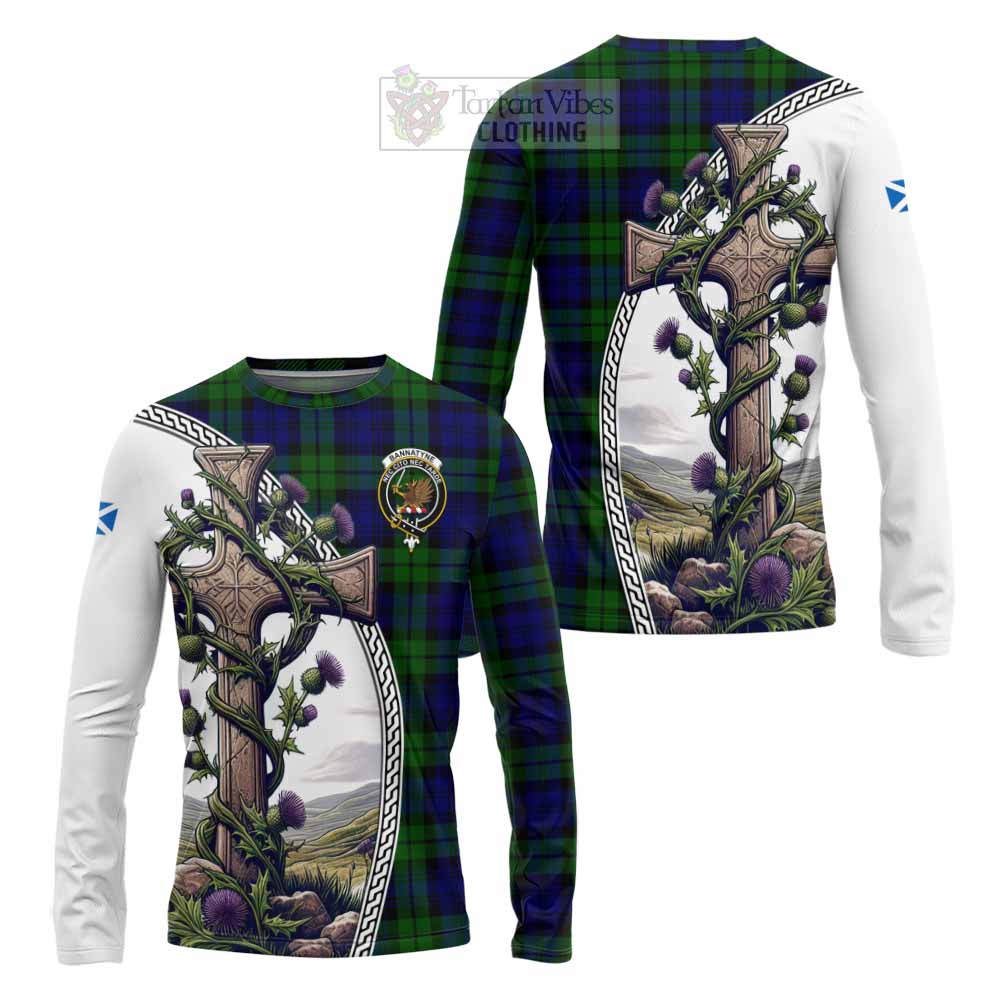 Tartan Vibes Clothing Bannatyne Tartan Long Sleeve T-Shirt with Family Crest and St. Andrew's Cross Accented by Thistle Vines