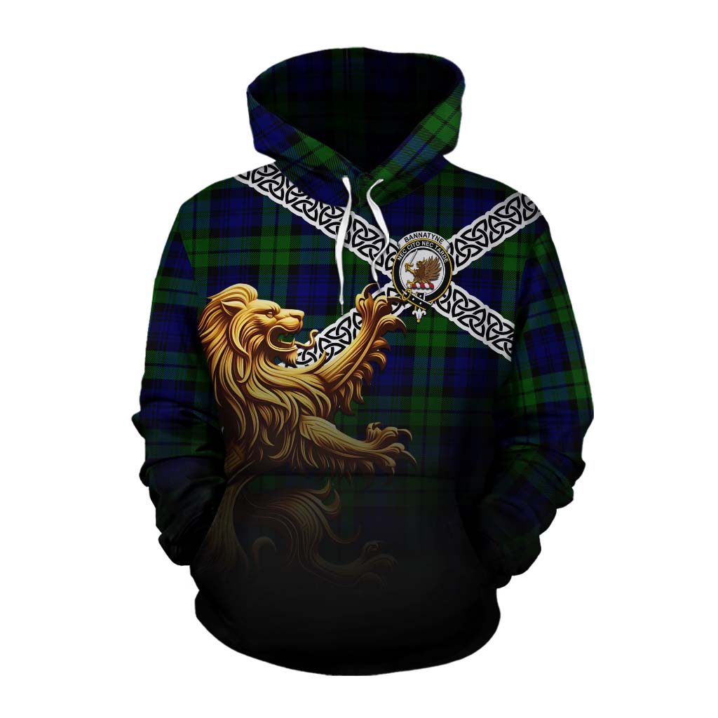 Tartan Vibes Clothing Bannatyne Crest Tartan Cotton Hoodie with Golden Lion Emblem Celtic Style