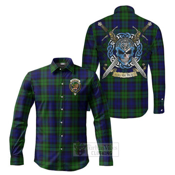 Tartan Vibes Clothing Bannatyne Tartan Long Sleeve Button Shirt with Family Crest Celtic Skull Style