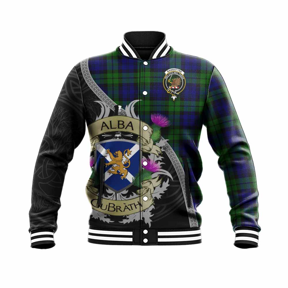 Tartan Vibes Clothing Bannatyne Tartan Family Crest Baseball Jacket Lion Rampant Royal Thistle Shield Celtic Inspired
