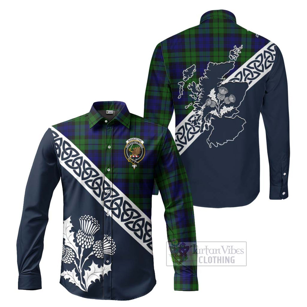 Tartan Vibes Clothing Bannatyne Tartan Long Sleeve Button Shirt Featuring Thistle and Scotland Map