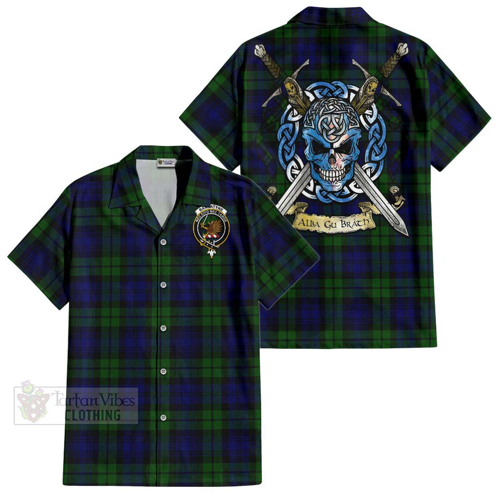 Tartan Vibes Clothing Bannatyne Tartan Short Sleeve Button Shirt with Family Crest Celtic Skull Style