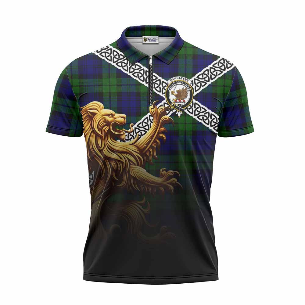 Bannatyne Crest Tartan Zipper Polo Shirt with Golden Lion Emblem Celtic Style Unisex - Tartan Vibes Clothing