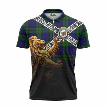 Bannatyne Crest Tartan Zipper Polo Shirt with Golden Lion Emblem Celtic Style Unisex - Tartan Vibes Clothing