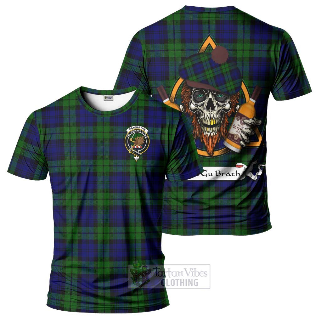 Tartan Vibes Clothing Bannatyne Tartan T-Shirt with Family Crest and Bearded Skull Holding Bottles of Whiskey