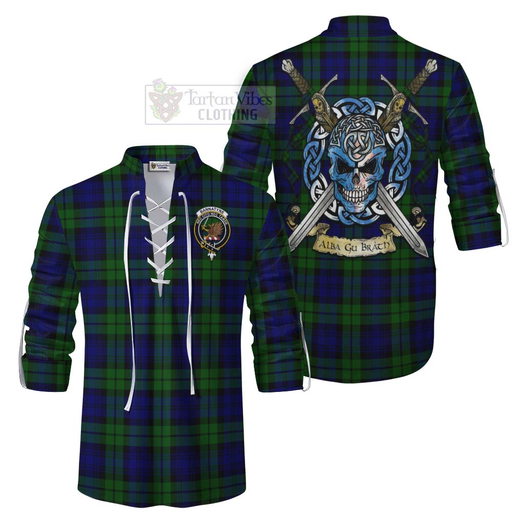 Tartan Vibes Clothing Bannatyne Tartan Ghillie Kilt Shirt with Family Crest Celtic Skull Style