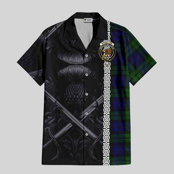 Tartan Vibes Clothing Bannatyne Tartan Short Sleeve Button Shirt with Family Crest Cross Sword Thistle Celtic Vibes
