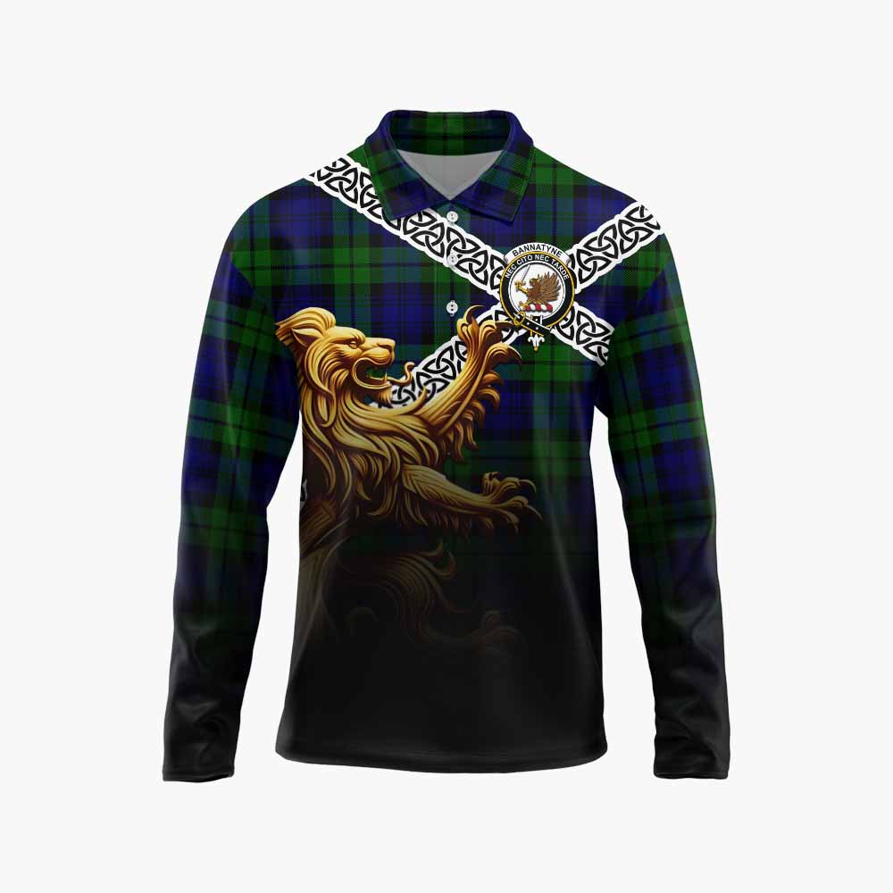 Tartan Vibes Clothing Bannatyne Crest Tartan Long Sleeve Polo Shirt with Golden Lion Emblem Celtic Style