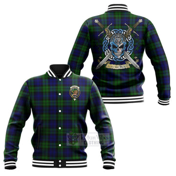 Tartan Vibes Clothing Bannatyne Tartan Baseball Jacket with Family Crest Celtic Skull Style