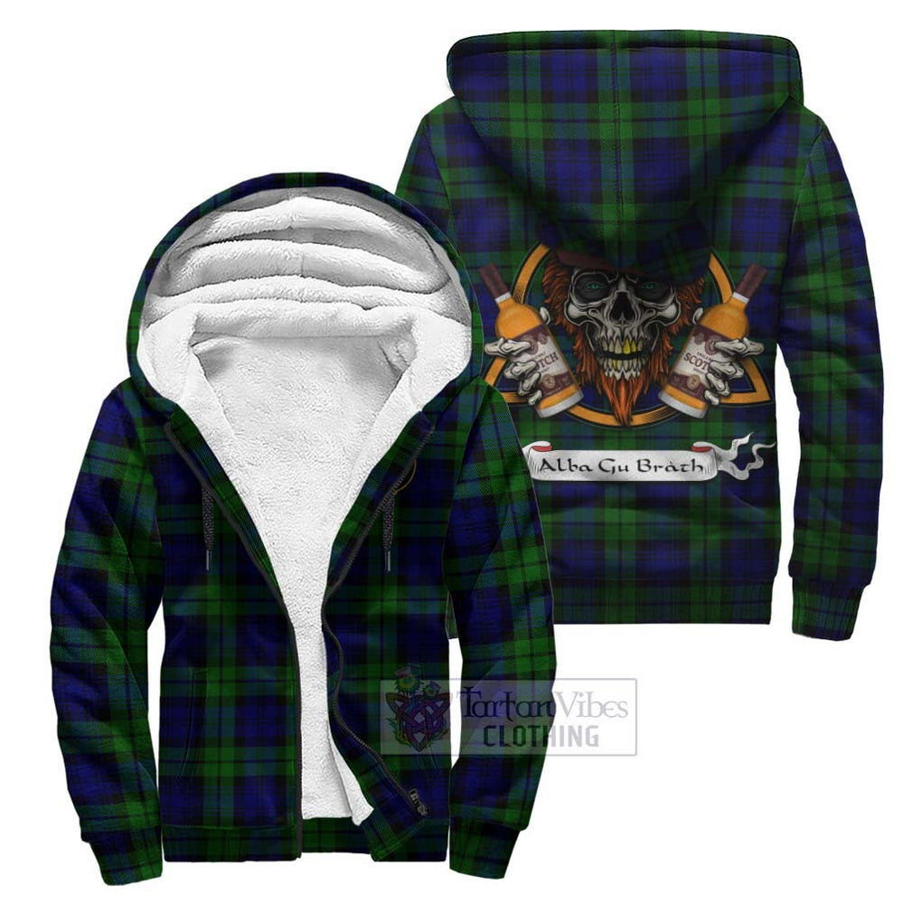 Tartan Vibes Clothing Bannatyne Tartan Sherpa Hoodie with Family Crest and Bearded Skull Holding Bottles of Whiskey