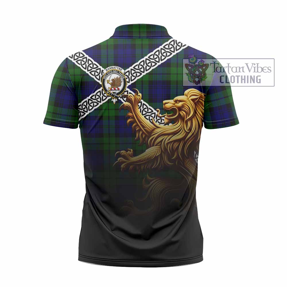 Bannatyne Crest Tartan Zipper Polo Shirt with Golden Lion Emblem Celtic Style - Tartan Vibes Clothing