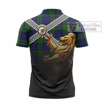 Bannatyne Crest Tartan Zipper Polo Shirt with Golden Lion Emblem Celtic Style - Tartan Vibes Clothing