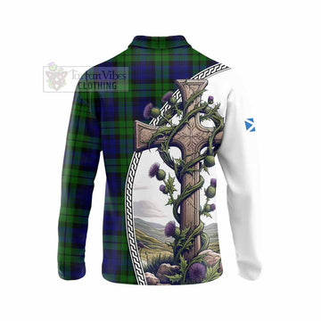 Tartan Vibes Clothing Bannatyne Tartan Long Sleeve Polo Shirt with Family Crest and St. Andrew's Cross Accented by Thistle Vines