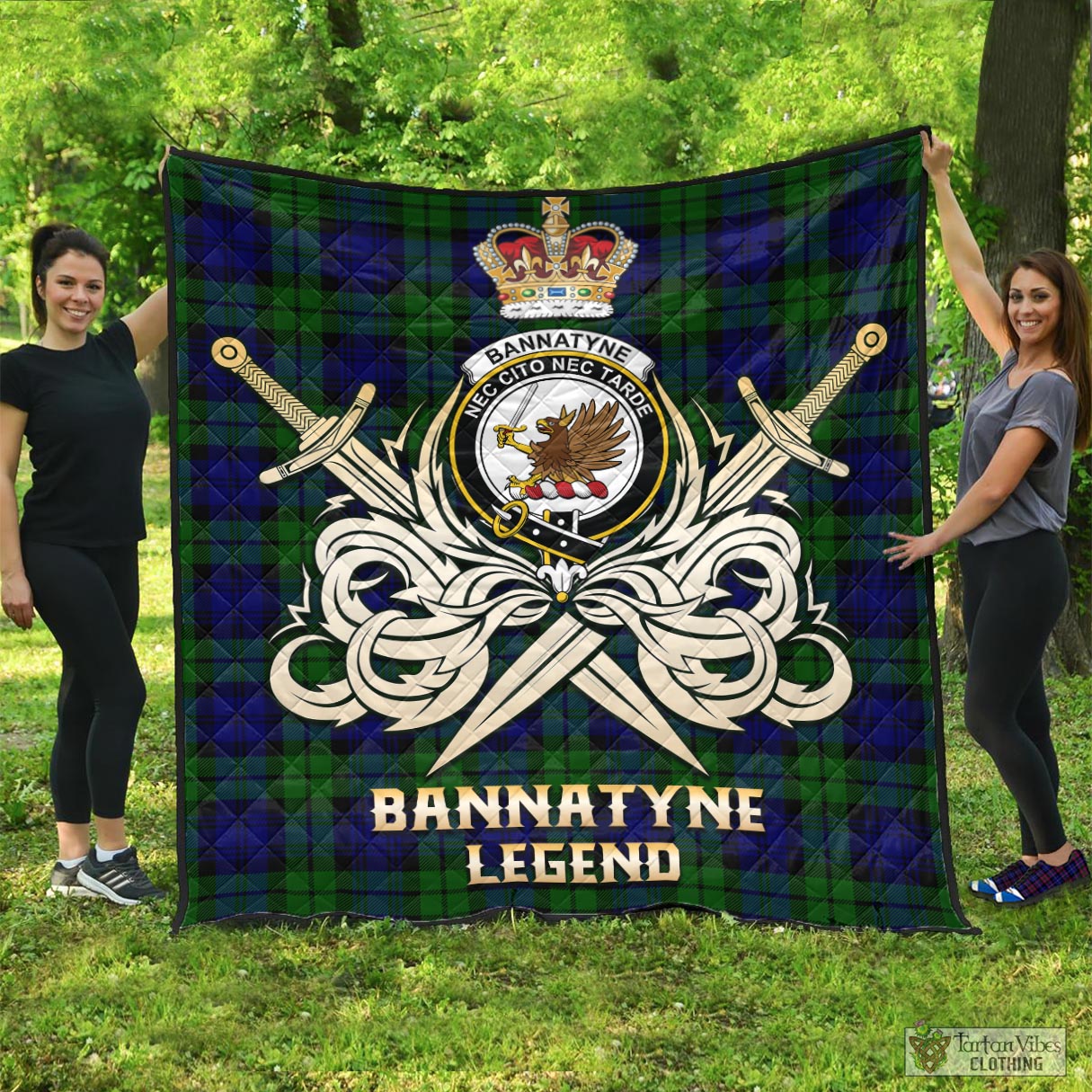 Tartan Vibes Clothing Bannatyne Tartan Quilt with Clan Crest and the Golden Sword of Courageous Legacy