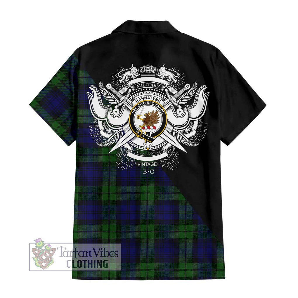 Bannatyne Tartan Short Sleeve Button Shirt with Family Crest and Military Logo Style - Tartanvibesclothing Shop