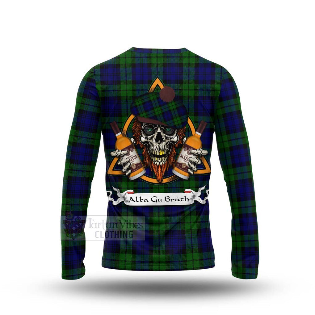 Tartan Vibes Clothing Bannatyne Tartan Long Sleeve T-Shirt with Family Crest and Bearded Skull Holding Bottles of Whiskey