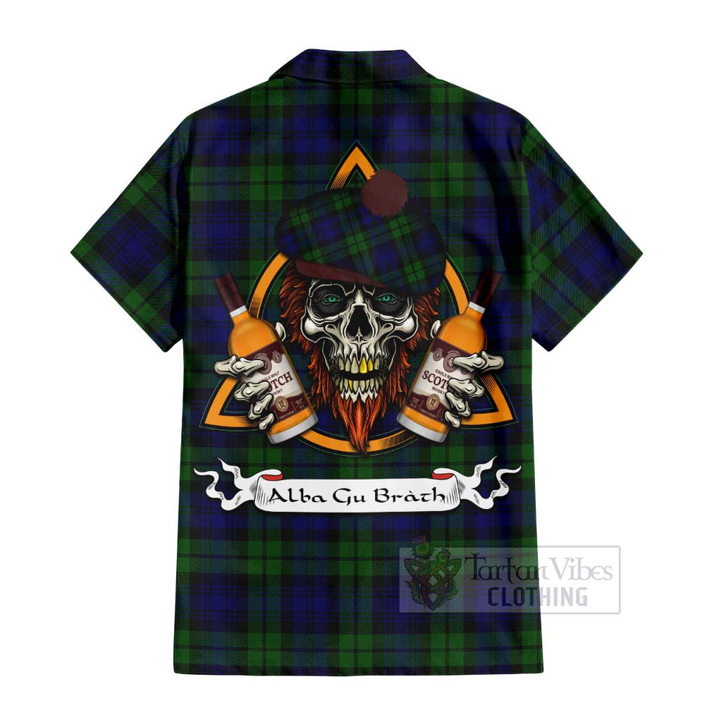 Tartan Vibes Clothing Bannatyne Tartan Short Sleeve Button Shirt with Family Crest and Bearded Skull Holding Bottles of Whiskey