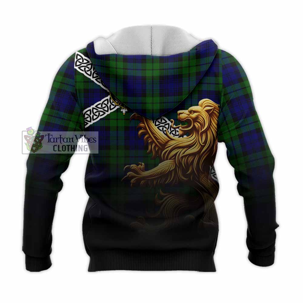 Tartan Vibes Clothing Bannatyne Crest Tartan Knitted Hoodie with Golden Lion Emblem Celtic Style