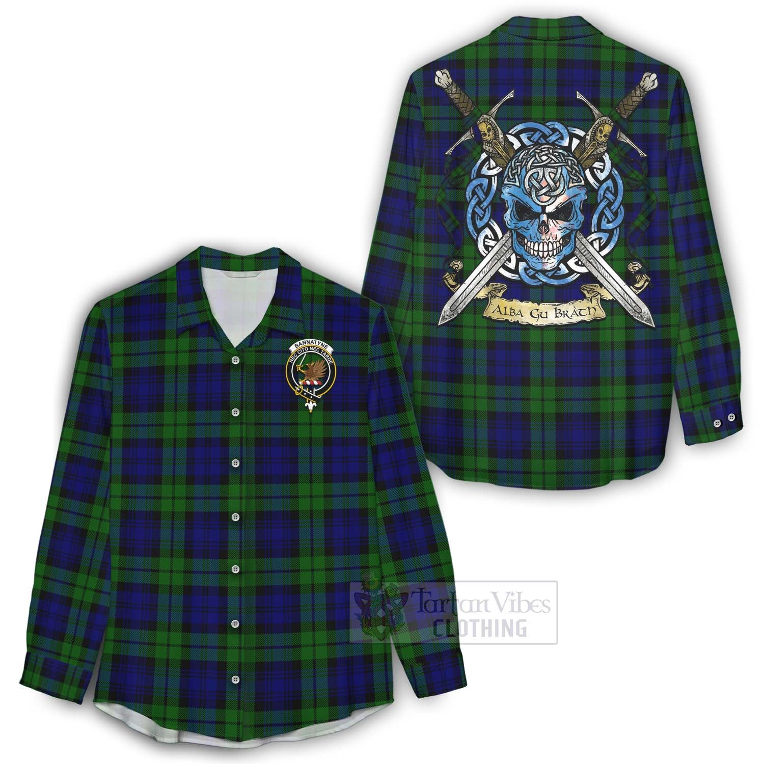 Bannatyne Tartan Women's Casual Shirt with Family Crest Celtic Skull Style - Tartan Vibes Clothing