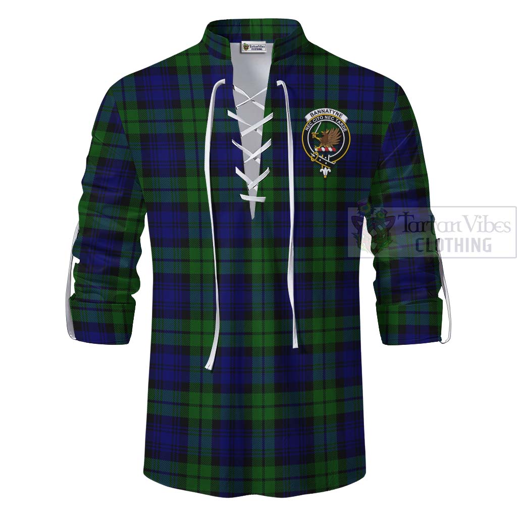 Tartan Vibes Clothing Bannatyne Tartan Ghillie Kilt Shirt with Family Crest and Bearded Skull Holding Bottles of Whiskey