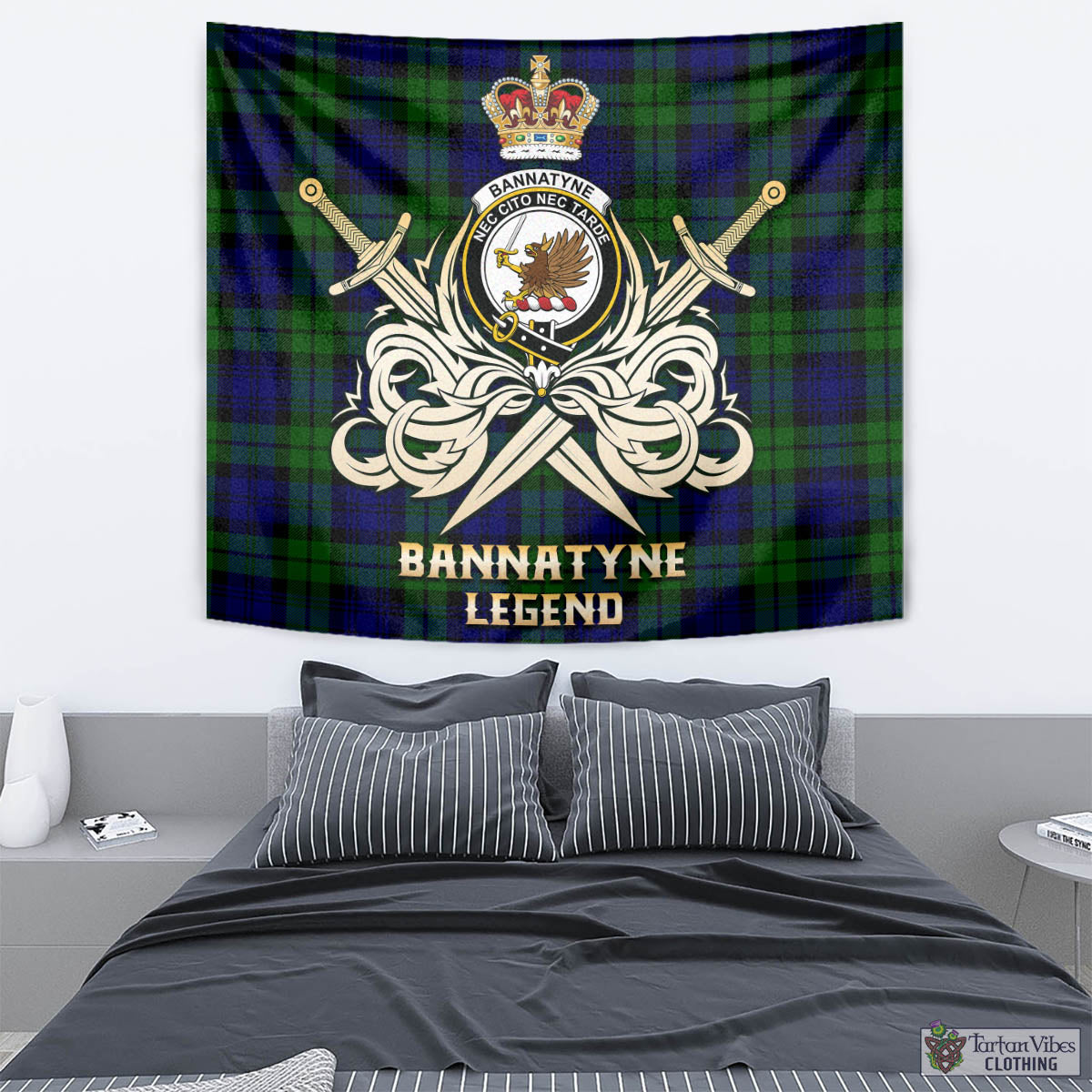 Tartan Vibes Clothing Bannatyne Tartan Tapestry with Clan Crest and the Golden Sword of Courageous Legacy
