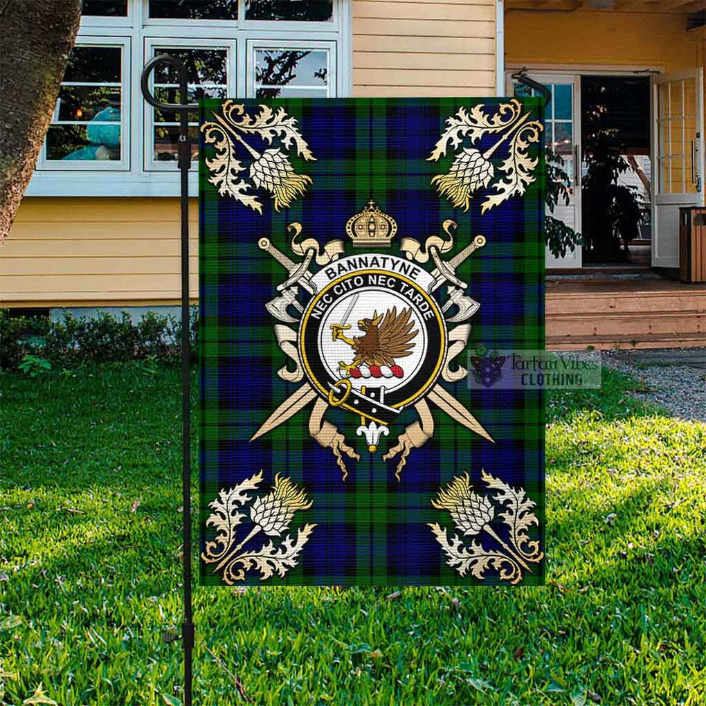Tartan Vibes Clothing Bannatyne Tartan Flag with Family Crest and Golden Thistle Crossed Sword Design