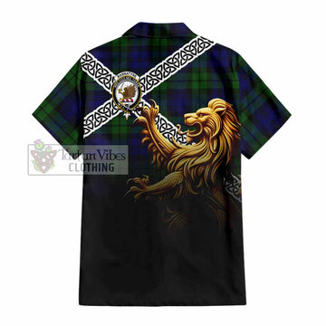 Tartan Vibes Clothing Bannatyne Crest Tartan Short Sleeve Button Shirt with Golden Lion Emblem Celtic Style