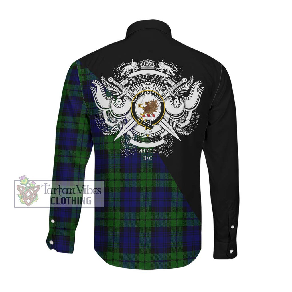 Bannatyne Tartan Long Sleeve Button Shirt with Family Crest and Military Logo Style Men's Shirt - Tartanvibesclothing Shop