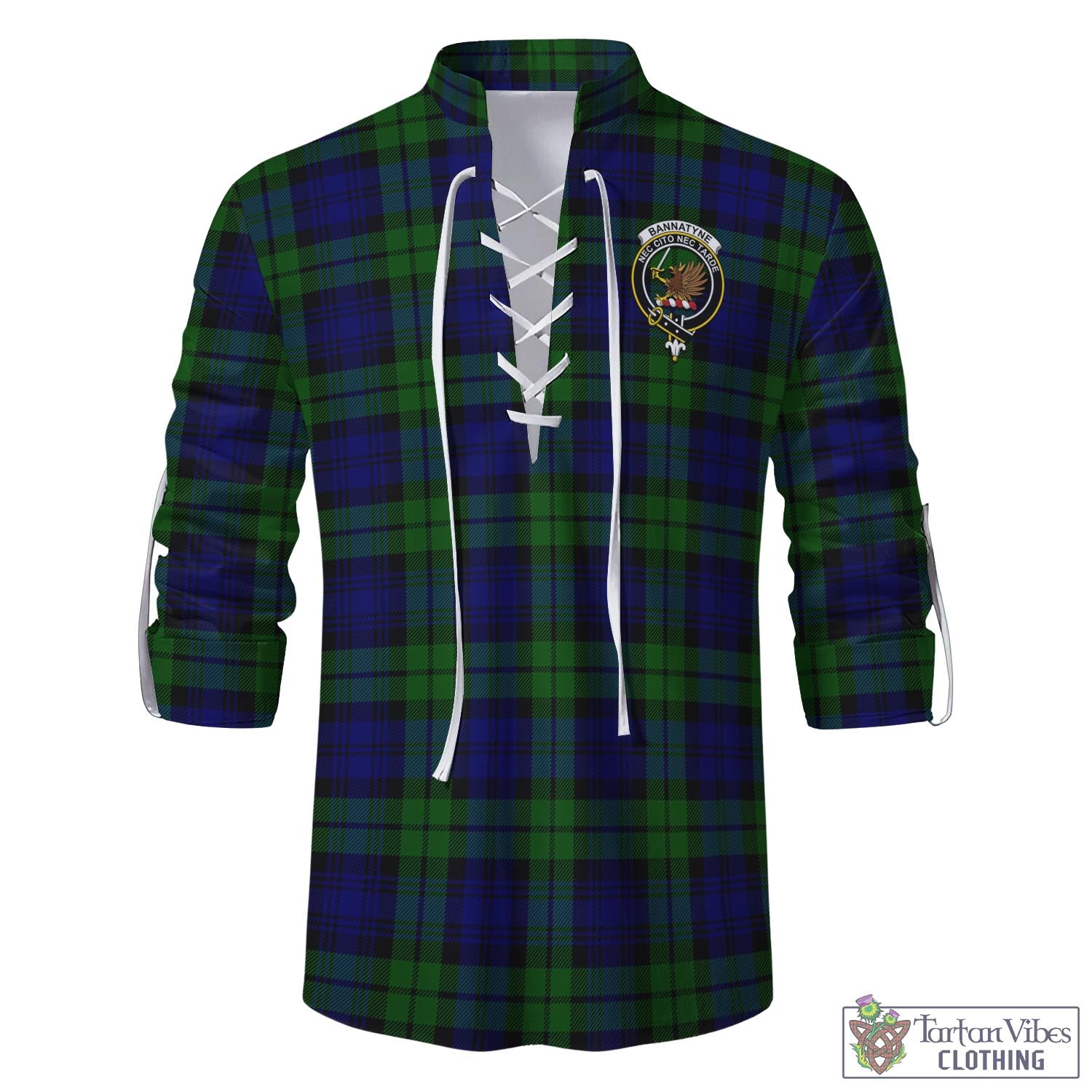 Tartan Vibes Clothing Bannatyne Tartan Men's Scottish Traditional Jacobite Ghillie Kilt Shirt with Family Crest