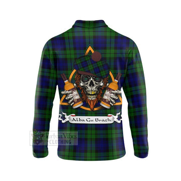 Tartan Vibes Clothing Bannatyne Tartan Long Sleeve Polo Shirt with Family Crest and Bearded Skull Holding Bottles of Whiskey