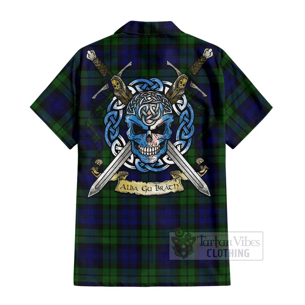 Tartan Vibes Clothing Bannatyne Tartan Short Sleeve Button Shirt with Family Crest Celtic Skull Style