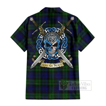 Tartan Vibes Clothing Bannatyne Tartan Short Sleeve Button Shirt with Family Crest Celtic Skull Style