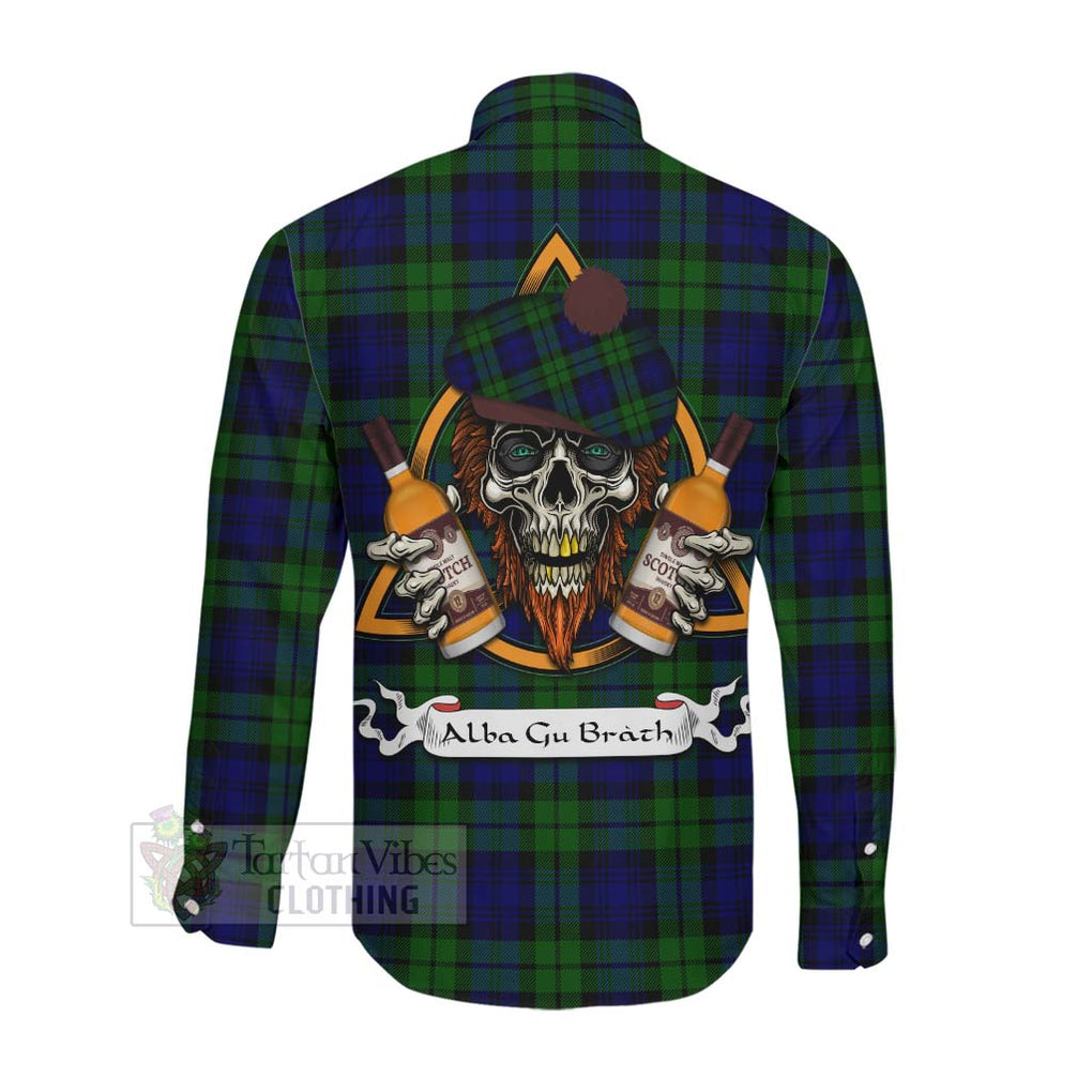 Tartan Vibes Clothing Bannatyne Tartan Long Sleeve Button Shirt with Family Crest and Bearded Skull Holding Bottles of Whiskey