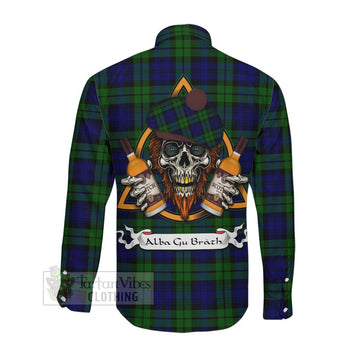 Tartan Vibes Clothing Bannatyne Tartan Long Sleeve Button Shirt with Family Crest and Bearded Skull Holding Bottles of Whiskey