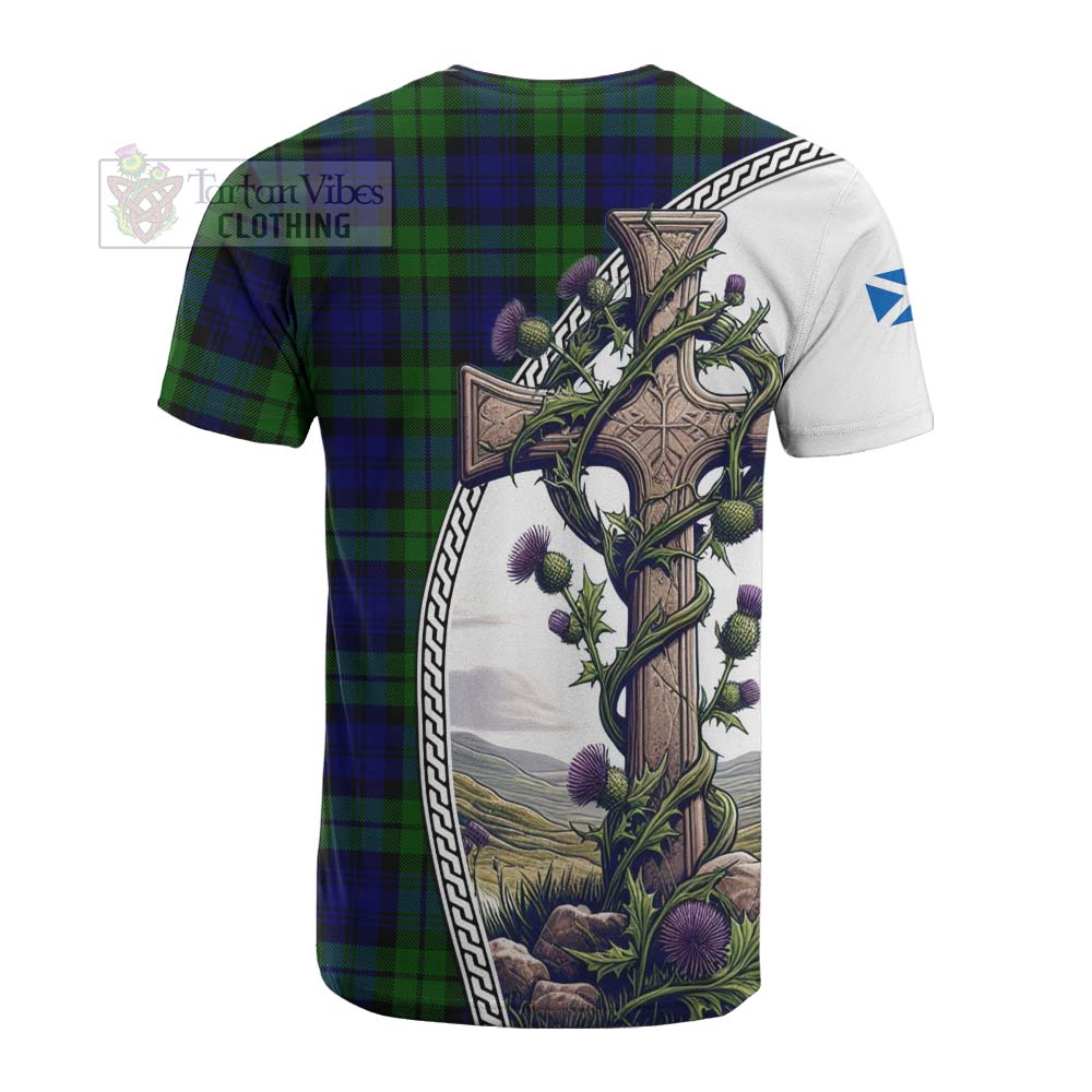 Tartan Vibes Clothing Bannatyne Tartan Cotton T-shirt with Family Crest and St. Andrew's Cross Accented by Thistle Vines