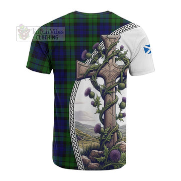 Tartan Vibes Clothing Bannatyne Tartan Cotton T-shirt with Family Crest and St. Andrew's Cross Accented by Thistle Vines