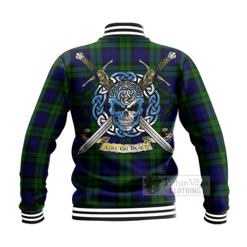 Tartan Vibes Clothing Bannatyne Tartan Baseball Jacket with Family Crest Celtic Skull Style