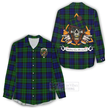 Bannatyne Tartan Women's Casual Shirt with Family Crest and Bearded Skull Holding Bottles of Whiskey - Tartan Vibes Clothing