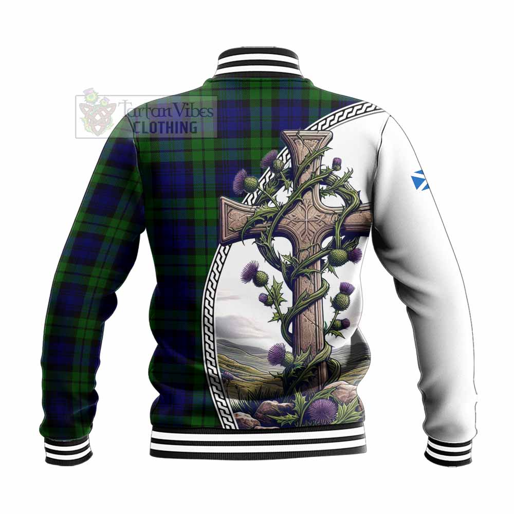 Tartan Vibes Clothing Bannatyne Tartan Baseball Jacket with Family Crest and St. Andrew's Cross Accented by Thistle Vines