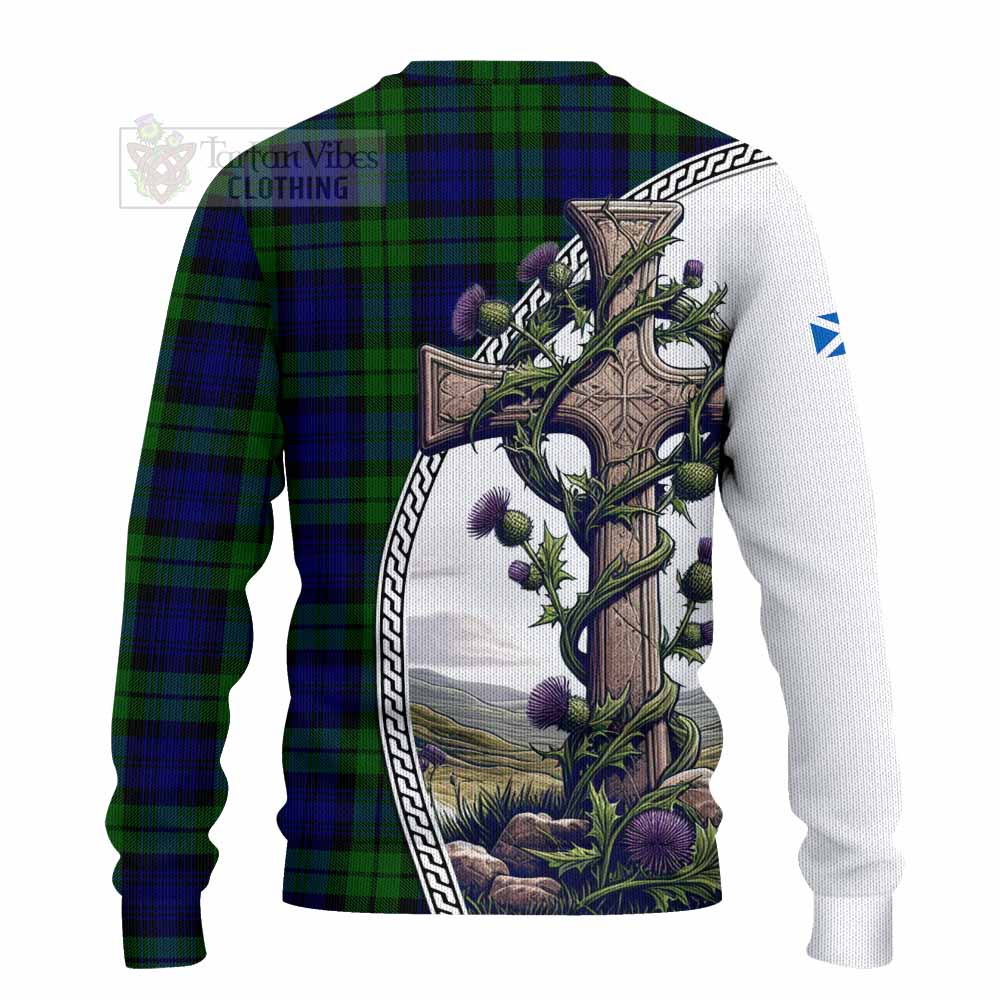 Tartan Vibes Clothing Bannatyne Tartan Knitted Sweater with Family Crest and St. Andrew's Cross Accented by Thistle Vines