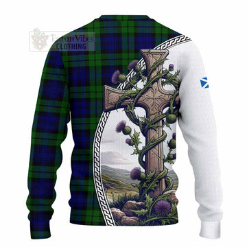 Tartan Vibes Clothing Bannatyne Tartan Knitted Sweater with Family Crest and St. Andrew's Cross Accented by Thistle Vines